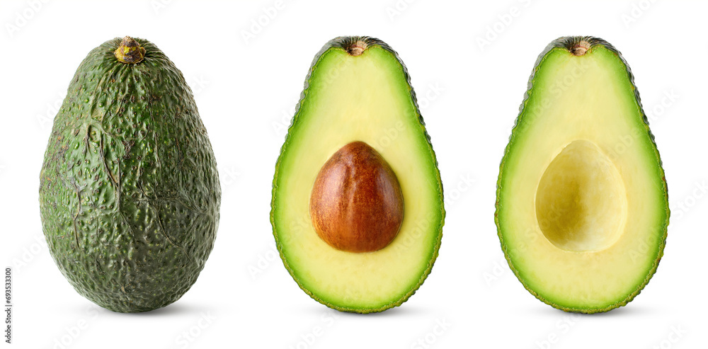 Set of fresh ripe whole and halved avocado Set of fresh ripe whole and halved avocado