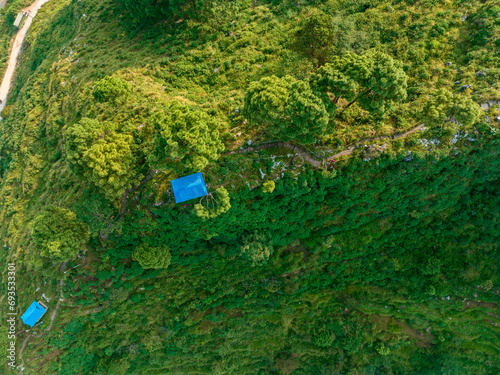 Aerial view of the hill of Thani mai temple, close to Bandipur, Nepal. Details of the stepped path leading to the top of the hill
