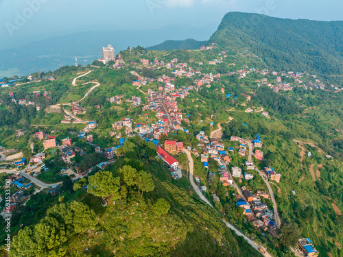 Aerial view of Bandipur from Thani mai temple hill. Nepal. Main street with shops and commercial activities
 photo