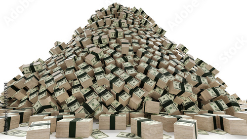 Money on pile render, white background, dollars with green bands.