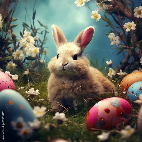 Coniglietto con uova pasquali decorate e rami di fiori primaverili photo