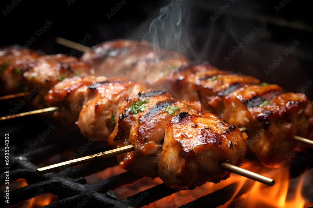 chicken pork bbq grilled meat skewers on fire charcoal grill chicken pork bbq grilled meat skewers on fire charcoal grill