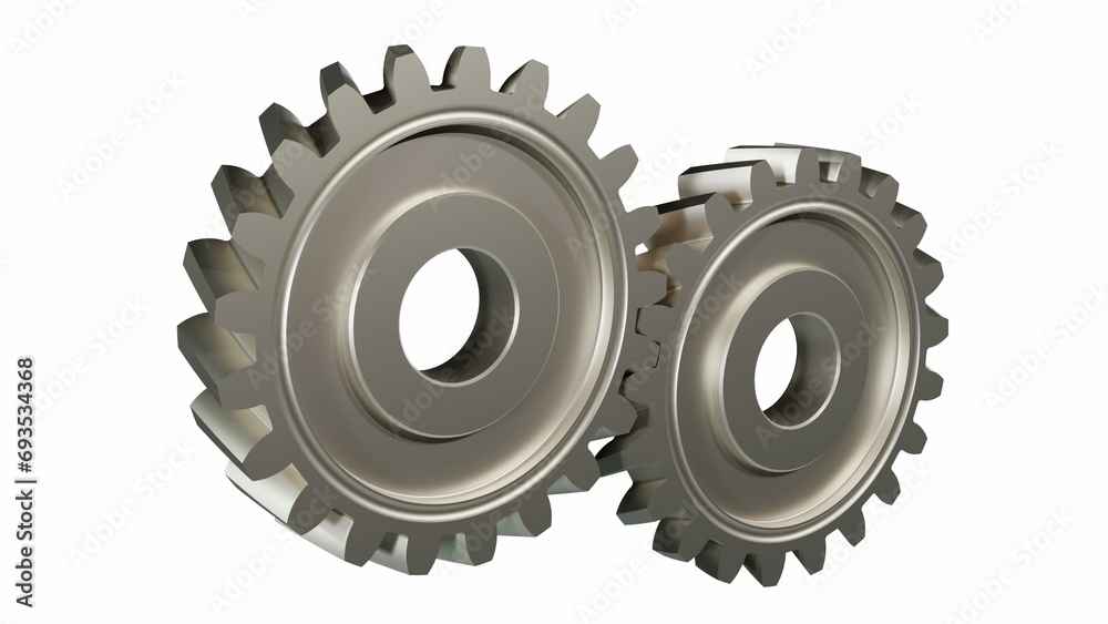 A pair of gears render on white background.