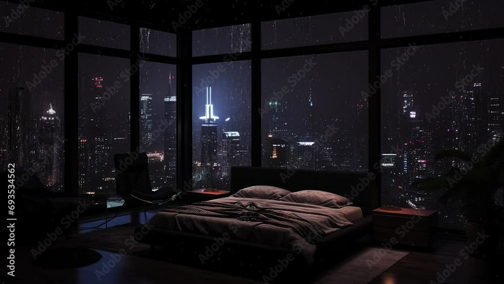 Relax with the Sound of Heavy Rain on the Bedroom Window Overlooking the Beautiful City at Night
