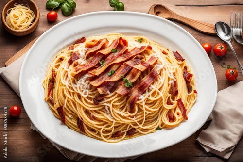 Homely Presentation of Spaghetti Carbonara with Crispy Bacon, Fresh Basil, and Cherry Tomatoes on Wooden Surface