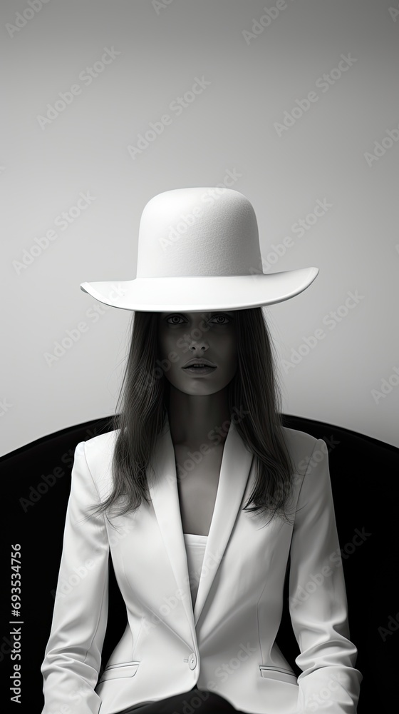young woman wearing an elegant dress and an extravagant hat - minimal fashion portrait young woman wearing an elegant dress and an extravagant hat - minimal fashion portrait