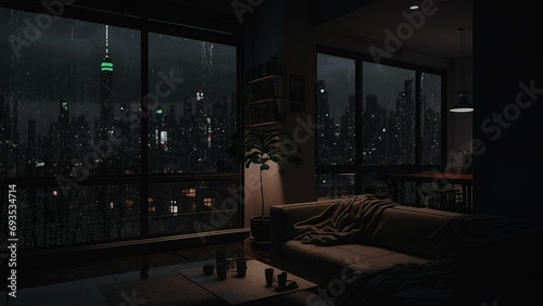 On A Beautiful Rainy Night In The City, In A Cozy Bedroom