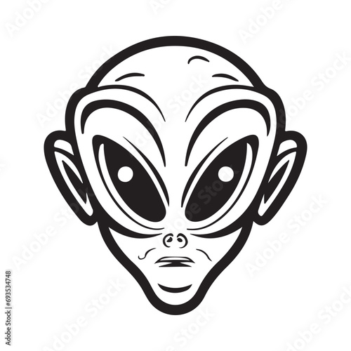 Alien face head isolated on white background black vector silhouette.