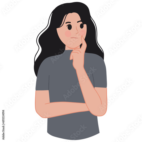 Young woman thinking confuse with finger on her cheek wonder gesture vector illustration