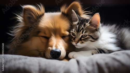 An affectionate image of a cat and a dog snuggled up together, illustrating the heartwarming bond that can exist between these two different species.