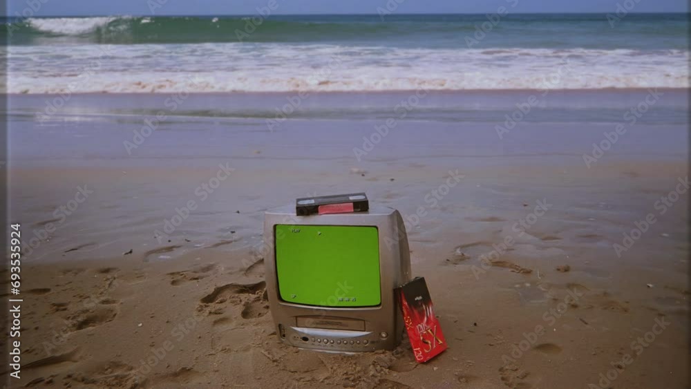 Old VHS TV Green Screen Beach Shore Vintage Television. Vintage VHS