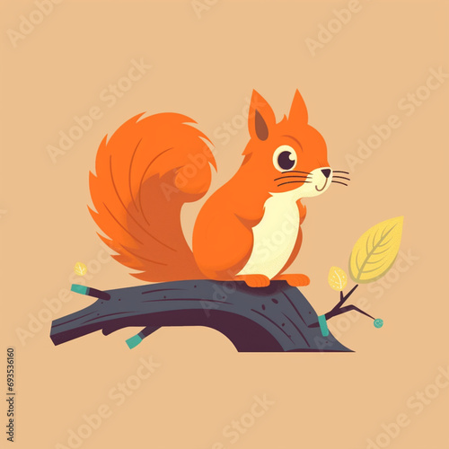 squirrel on a tree in cartoon simple 2d flat art style photo