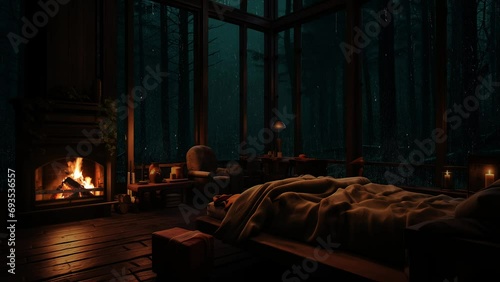 Cozy Cabin Ambience with Gentle Night Rain - Rain & Fireplace Sounds for Relax, Study & Work 