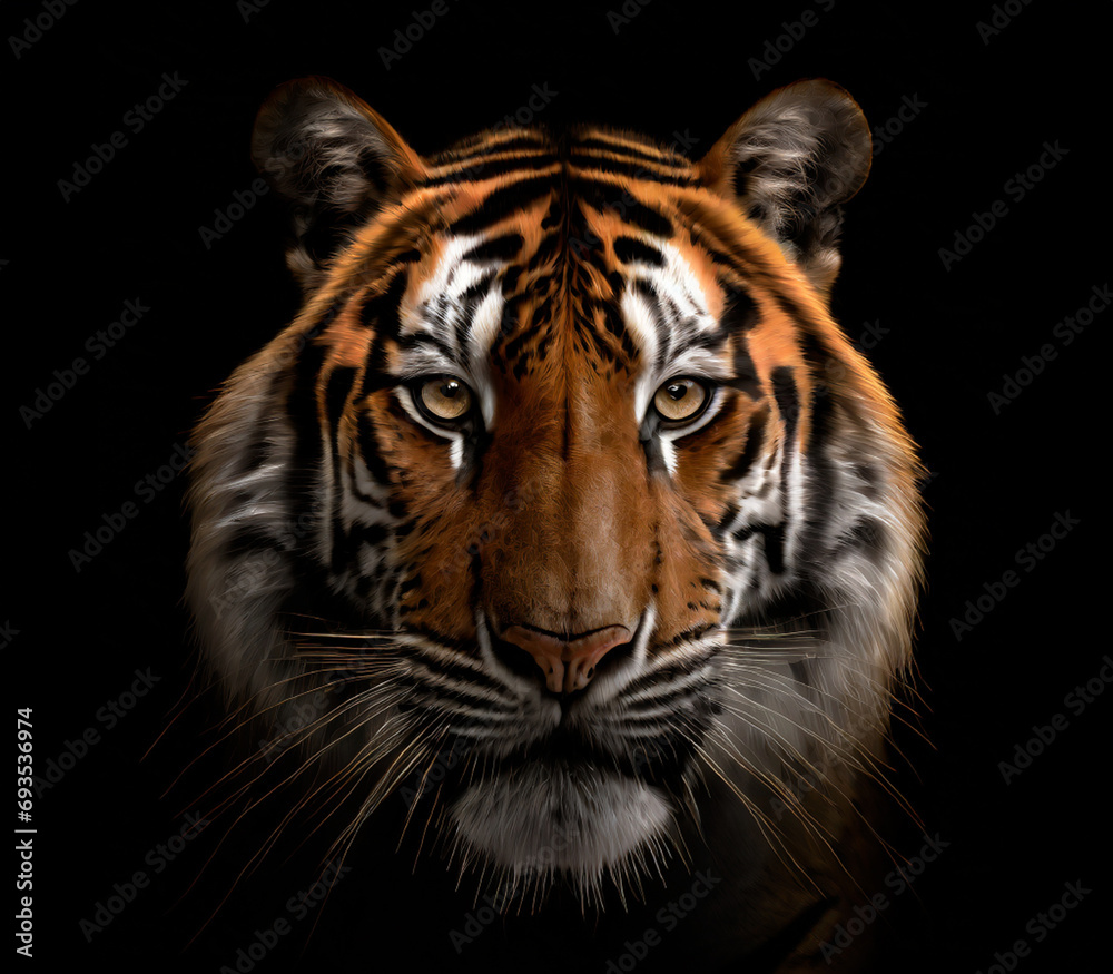 realistic illustration of tiger face isolated on black background
