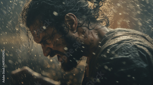 Close-up profile face of a bearded fighter in the midst of combat under the rain. Fight, training, determination, and physical effort to illustrate the sacrifice and personal challenge of a hero. photo