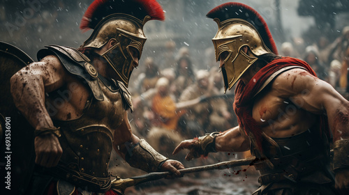 Rebellion and war in the Roman Empire, with helmeted and armored soldiers fighting against each other in the rain of a storm. Epic and historical scene of classical warfare photo