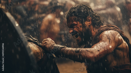 Rebellion of barbarian slaves fighting for their liberation against the Roman Empire in an epic cinematic scene under the rain. Freedom and glory in history. photo
