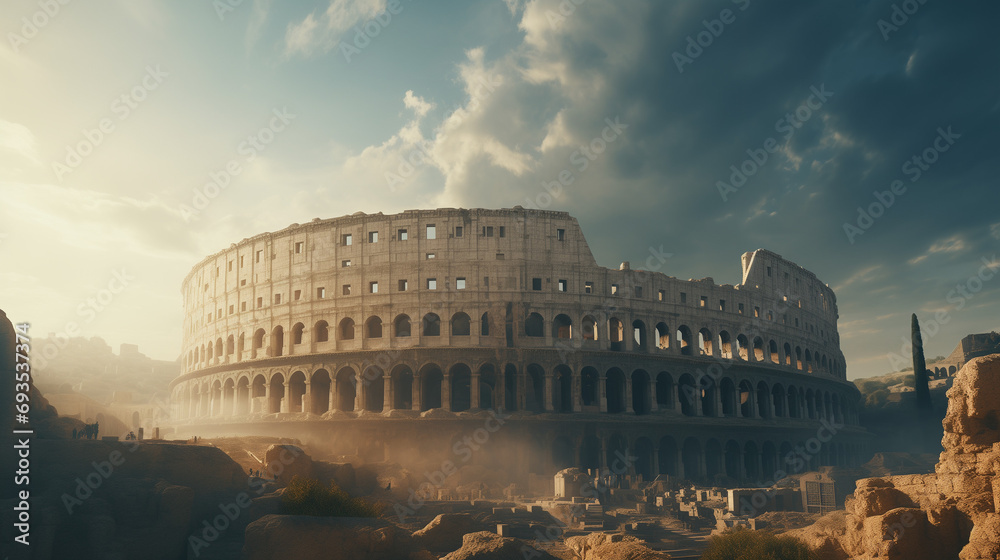 The Colosseum stands majestic amid ruins, bathed in the golden hue of sunset, clouds casting dramatic shadows, evoking a sense of ancient Rome’s grandeur.