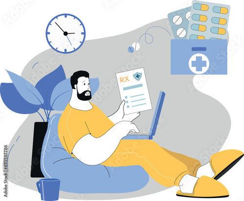 Buying prescription drugs online. Vector illustration of self-isolation at home. Man with prescription and pills