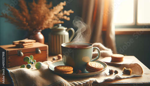 Fotografia a mug of steaming tea with a few biscuits