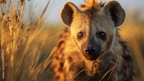 Portrait of a hyena in the African savannah at sunset during the golden hour, surrounded by grass with a blue sky in the background.