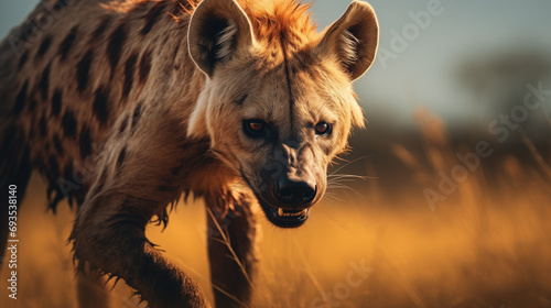 Fotografie, Obraz Close-up of a hyena stalking its prey at sunset with the golden hour light in the African savannah
