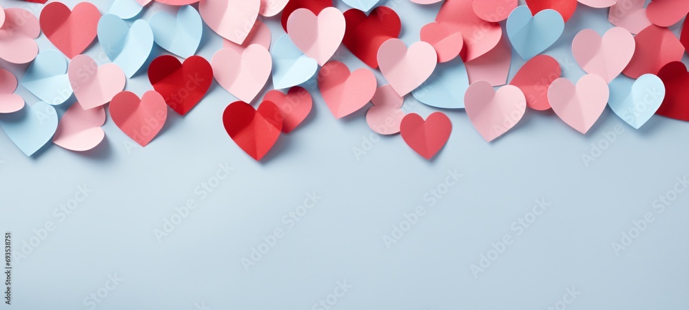 Valentine's day background with paper hearts on blue background. Valentines day love concept background banner greeting card illustration template texture.