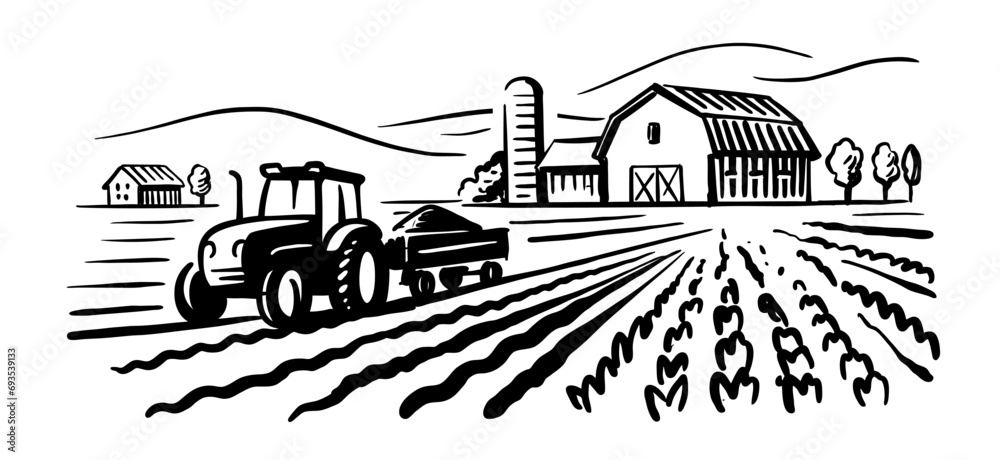 Rustic farm landscape hand drawn with tractor.
