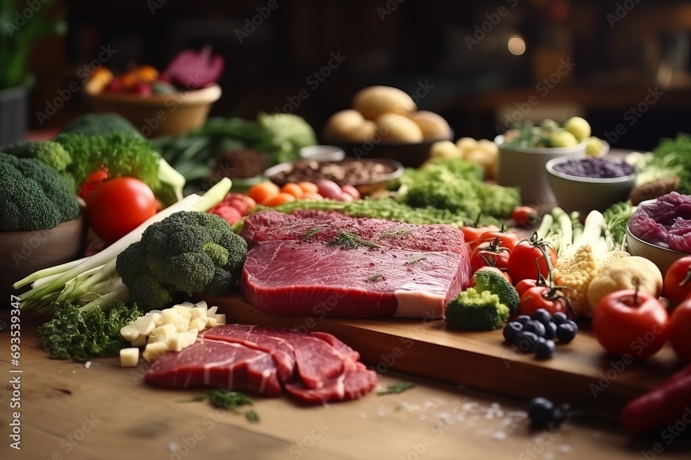 Сlose up of vegetables, fruits and meat on wooden table. Balanced diet food concept