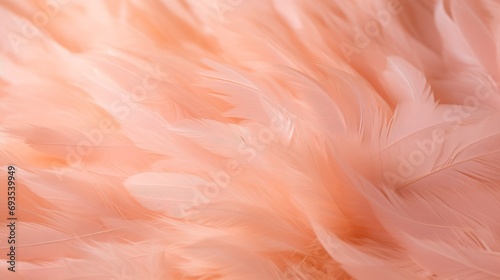 Close-up of Abstract Peach Fuzz color background with feathers, selective focus and copy space for text. Fashion, Trends of 2024 concepts.