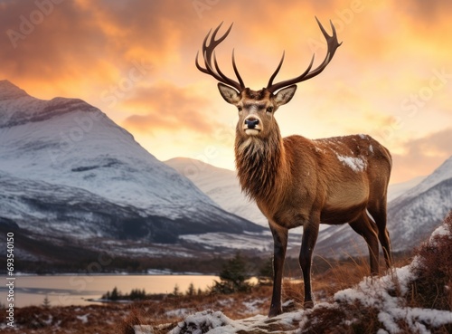 Composite image of red deer stag in Beautiful Alpen Glow hitting mountain peaks.