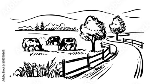 Rural landscape countryside with cows and trees