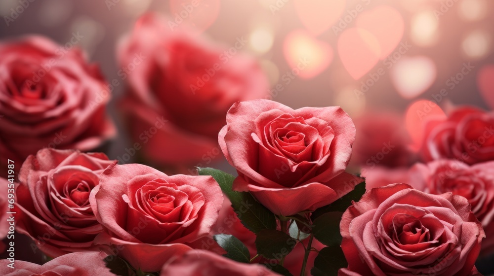 Red roses close-up on a pink bokeh background, romantic greeting card, copy space for text. Red roses close-up on a pink bokeh background, romantic greeting card, copy space for text.