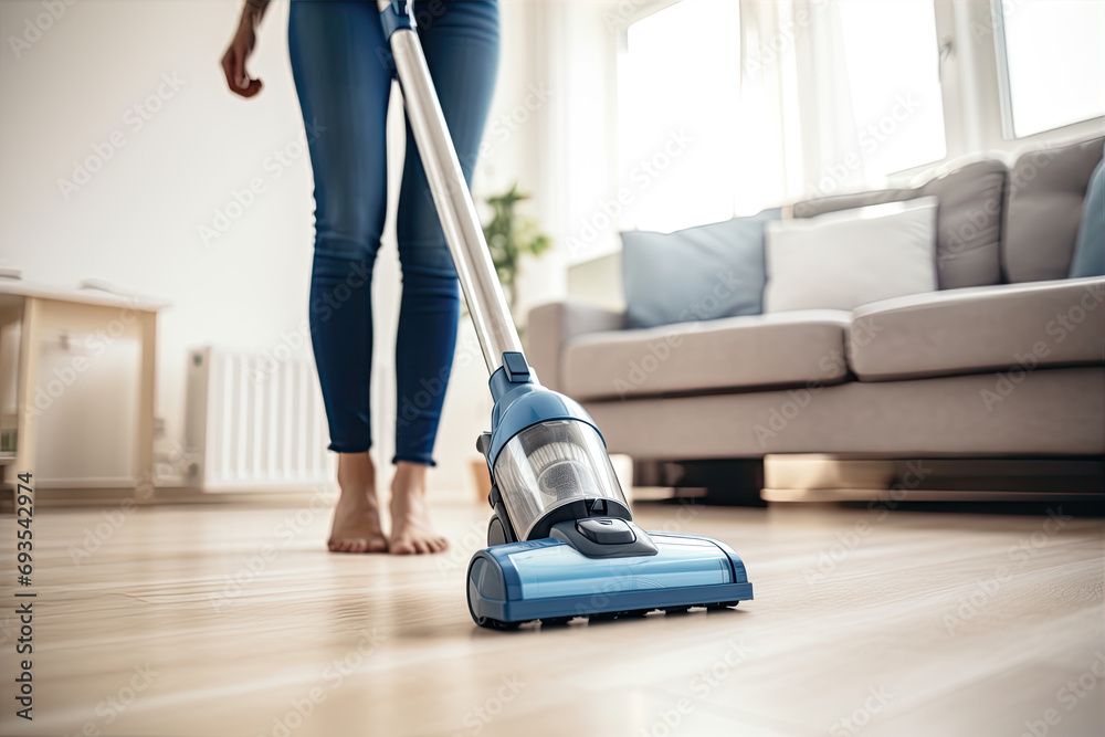 Fototapeta premium Close up photo of a woman vacuuming floor with a vacuum cleaner