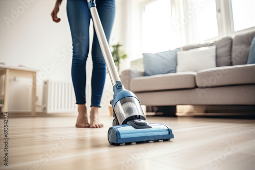 Close up photo of a woman vacuuming floor with a vacuum cleaner photo