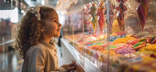 Children choose sweets in the candy shop.