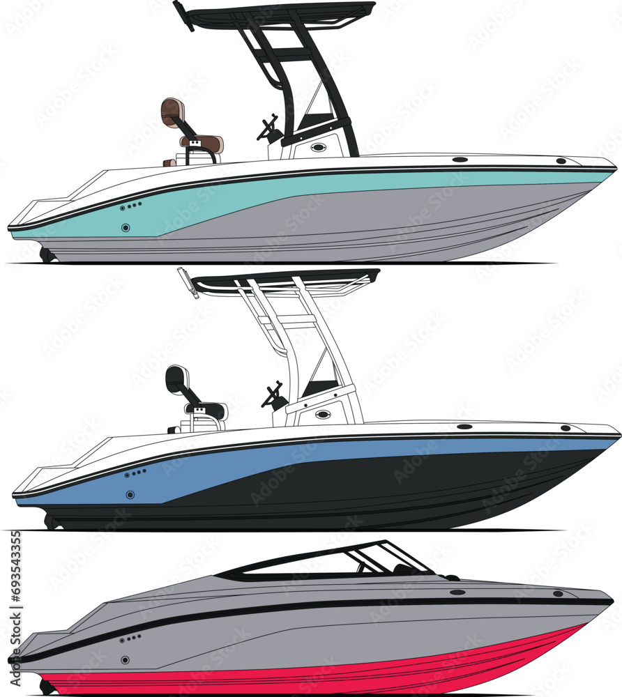 Three-kind fishing boat vector line art illustration for sea  