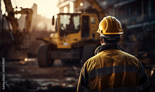 A construction worker in a reflective jacket with a safety helmet looks into the distance at a construction site with excavator in background