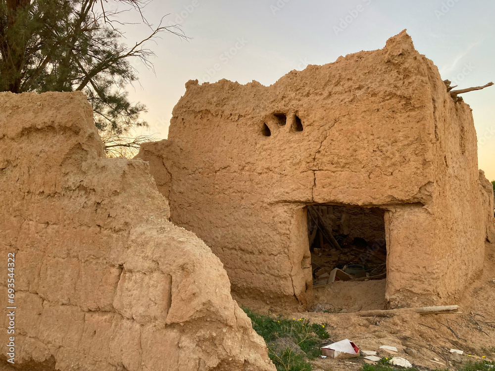 Abandoned traditional Arab mud houses in the Kingdom of Saudi Arabia, Al-Qassim, Al-Qusayah, Saudi culture, Saudi heritage
