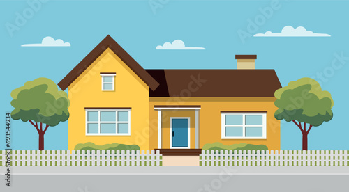 Exterior of the residential house, front view. Modern house on a street in summer in flat style. House for sale. Vector stock