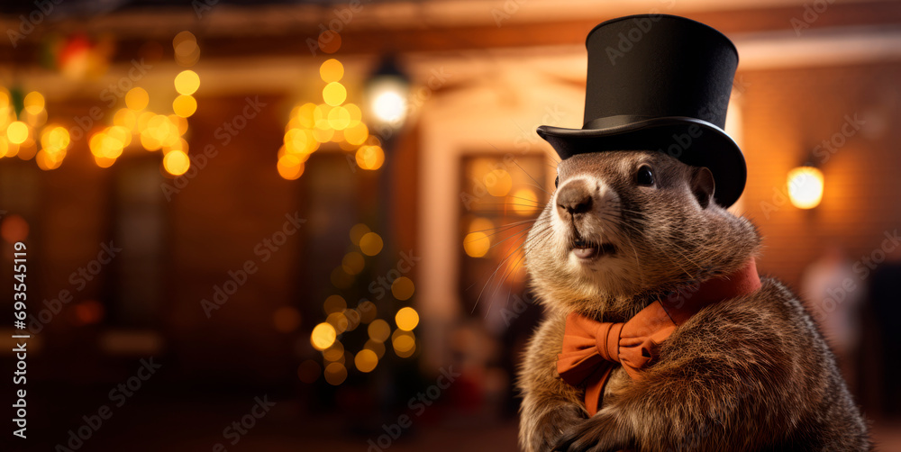 A humorous photo for Groundhog Day. A groundhog in a top hat stands against the background of a night city. - obrazy, fototapety, plakaty 