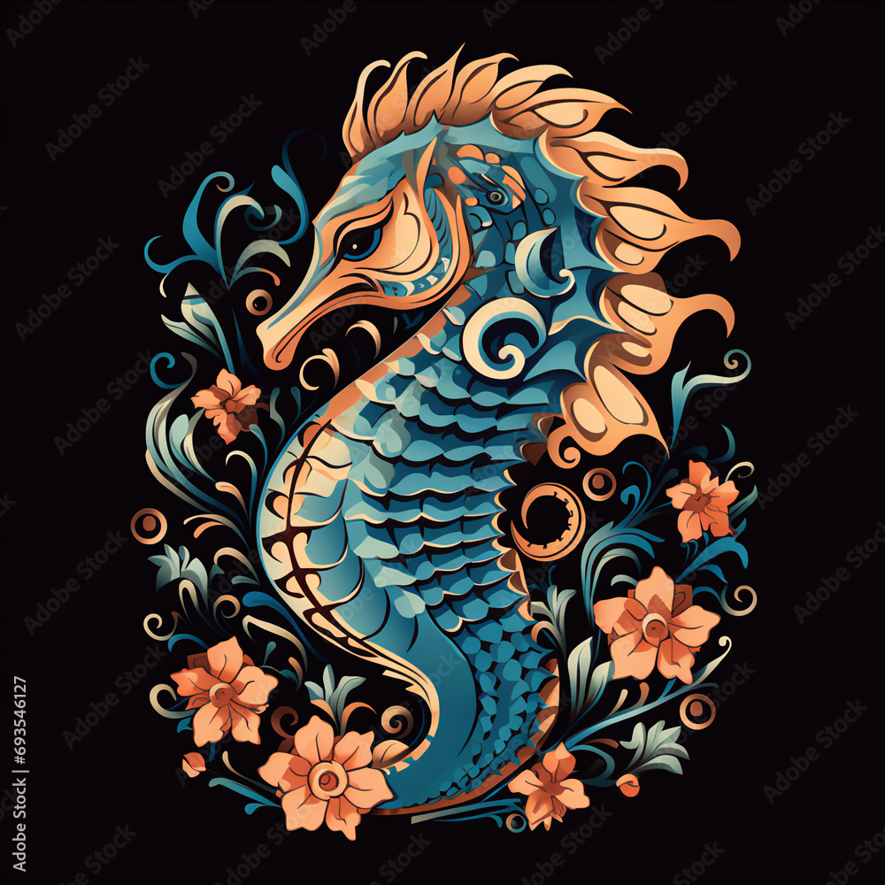 High Resolution Seahorse and Floral Mosaic-Style Logo Design