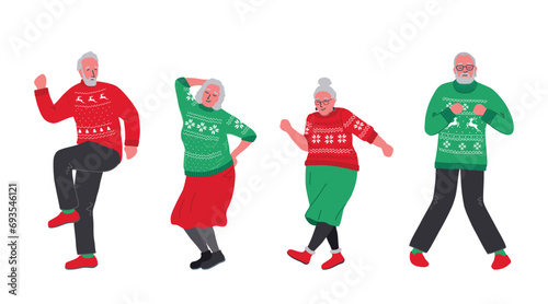Ugly Sweater Party. Happy senior people in red and green Christmas sweaters are dancing. Active seniors. Holiday vector illustration