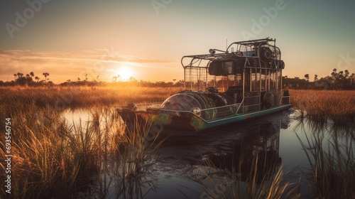 Illustration of a boat traveling through an inland lake and river area photo