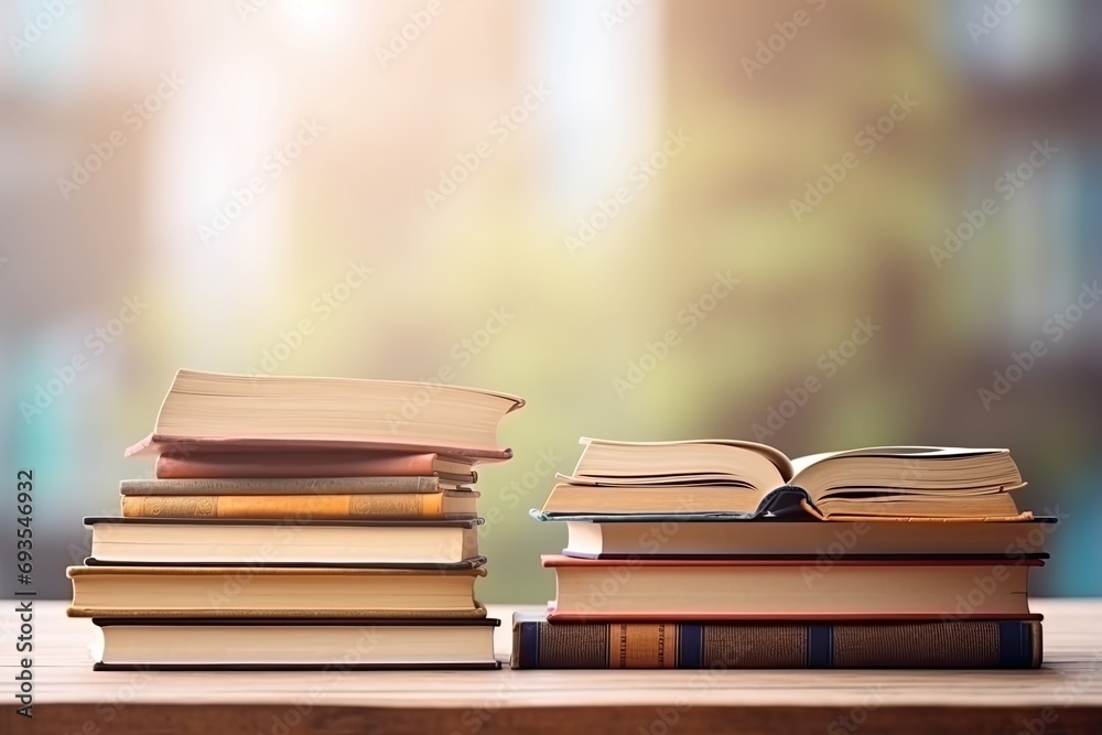 Stack of book on tabletop behind blurred background Free space. Stack of book on tabletop behind blurred background Free space.
