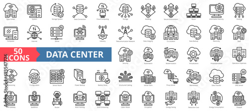 Data center icon collection set. Containing cloud computing,security,hosting,computer,internet,server,information technology icon. Simple line vector illustration.