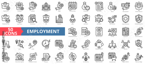 Employment icon collection set. Containing recruitment,job,business,labor,job search,carporation,human resources icon. Simple line vector illustration.