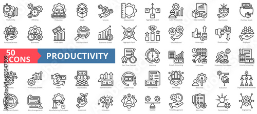 Productivity icon collection set. Containing time management,work plan,engineering,efficiency,production,goods,services icon. Simple line vector illustration.