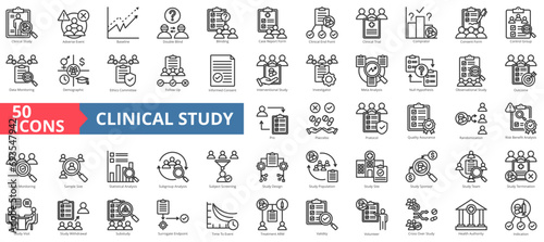 Clinical study icon collection set. Containing adverse event,baseline,double blind,blinding,case report form,clinical endpoint,clinical trial icon. Simple line vector illustration. photo