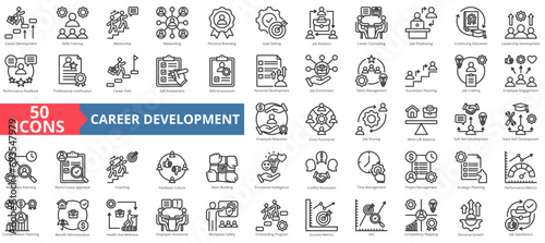 Career development icon collection set. Containing skills training,mentorship,networking,personal branding,goal setting,job rotation icon. Simple line vector illustration.